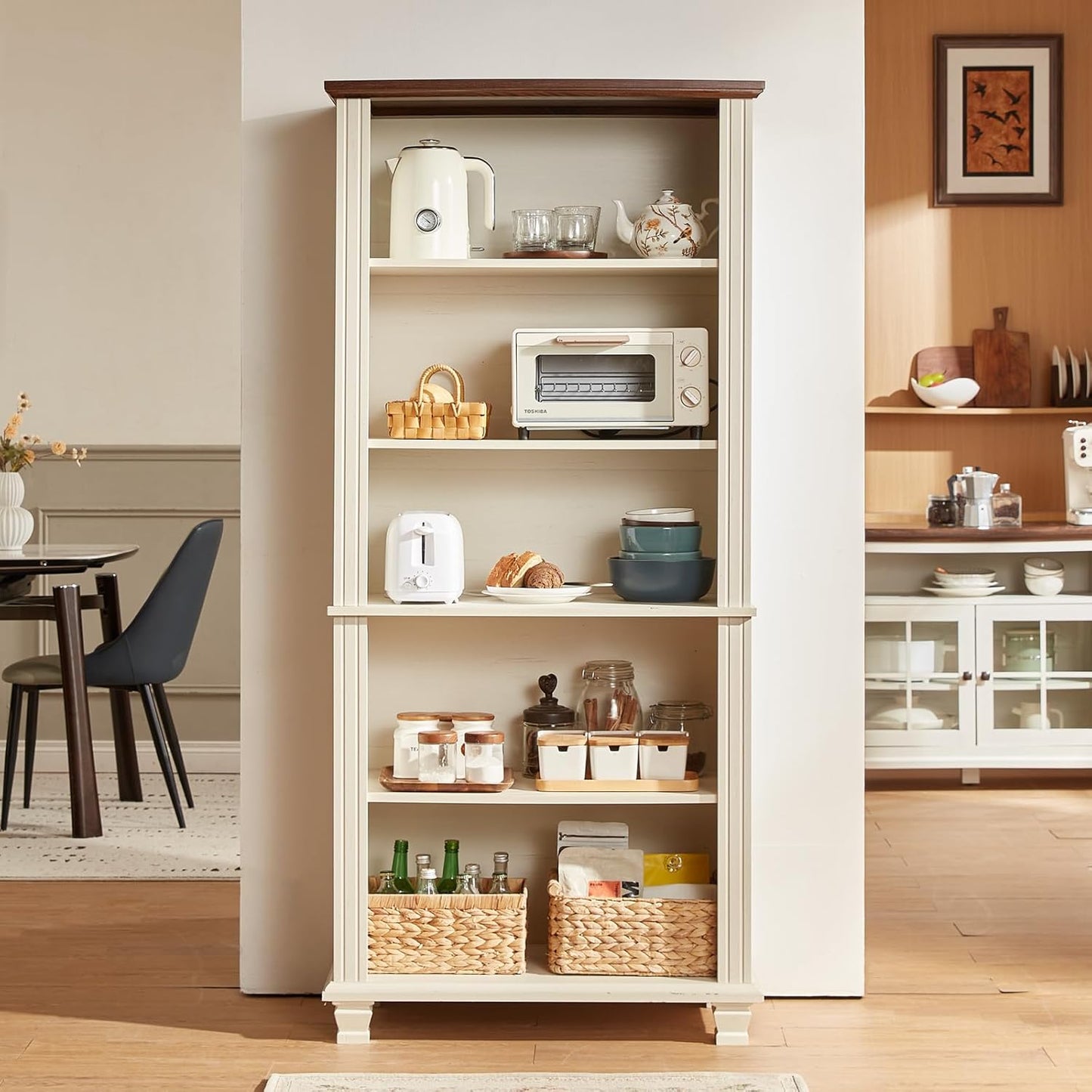 70" Tall White Bookshelf,5 Tier Wood Book Shelf with Adjustable Shelves & Wood Legs,Free Standing Farmhouse Bookcase with Open Display Storage,Vintage Kids Bookshelves for Nursery,2PCS