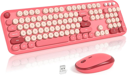 Wireless Keyboard and Mouse Combo, 2.4Ghz USB Retro Full Size Typewriter Keyboard and Cute Mouse Set for Windows 7/8/10, Laptop, Desktop, PC, Computer