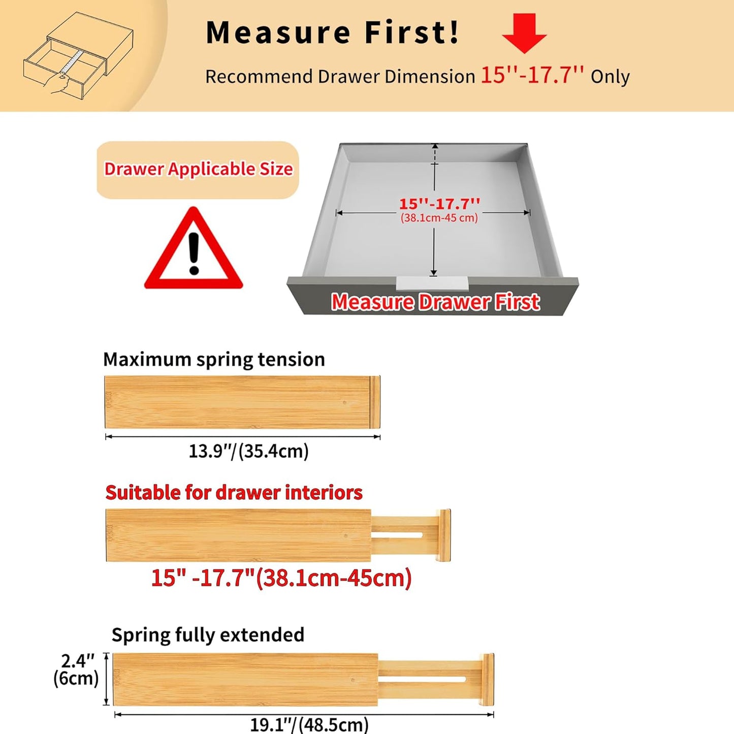 Utoplike Small Bamboo Kitchen Drawer Dividers(Fits 15"-17.7" Drawer Inner Size), 4 PCS Adjustable Drawer Organizers for Socks, Spring Loaded, Works in Drawer for Bedroom, Dresser