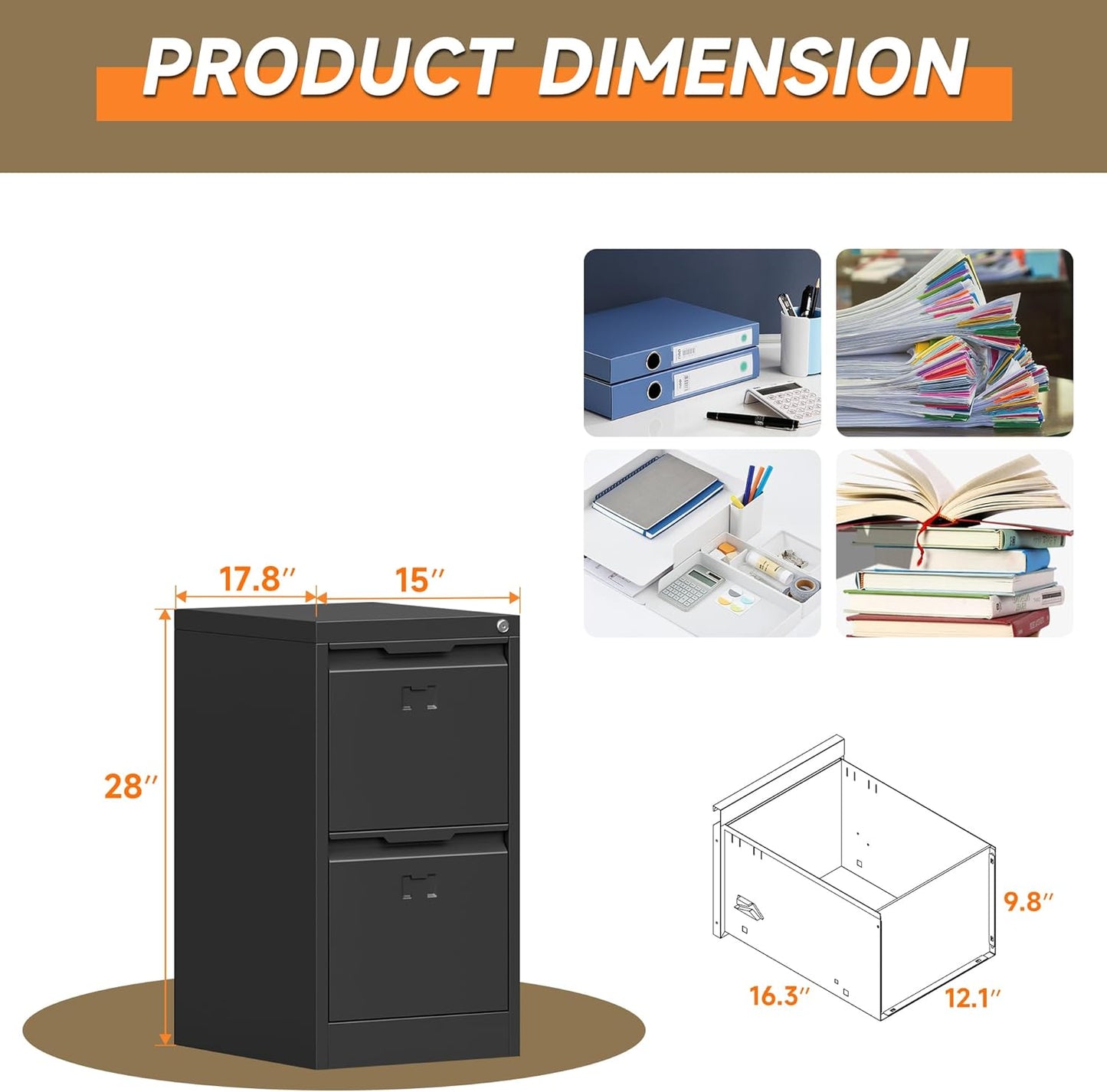 2 Drawer File Cabinet, Metal Vertical File Cabinets with Lock for Home Office, Locking File Cabinet Hanging Files for A4/ Legal/Letter, Assembly Required (Black, 2 Drawer - 15" W)