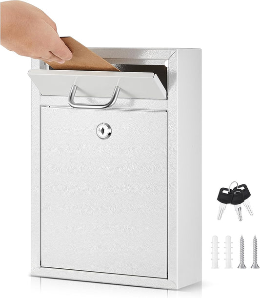 Locking Mailbox with Key for Outdoor 12.2 x 8.5 x 3 Inches Large Wall Mount Mail Box with Lock Security Mail Drop Metal Collection Boxes Hanging Secure Postbox(Creamy White)