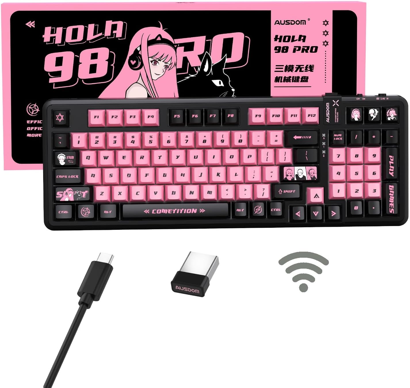 AUSDOM 98Pro Wireless Mechanical Keyboard, Tri-Mode Bluetooth/2.4GHz/USB-C Gasket Hot Swappable Custom Gaming Keyboard with Backlit, PBT Keycaps, Linear Switches, for Windows/Mac/PC (Manga Girl Theme)