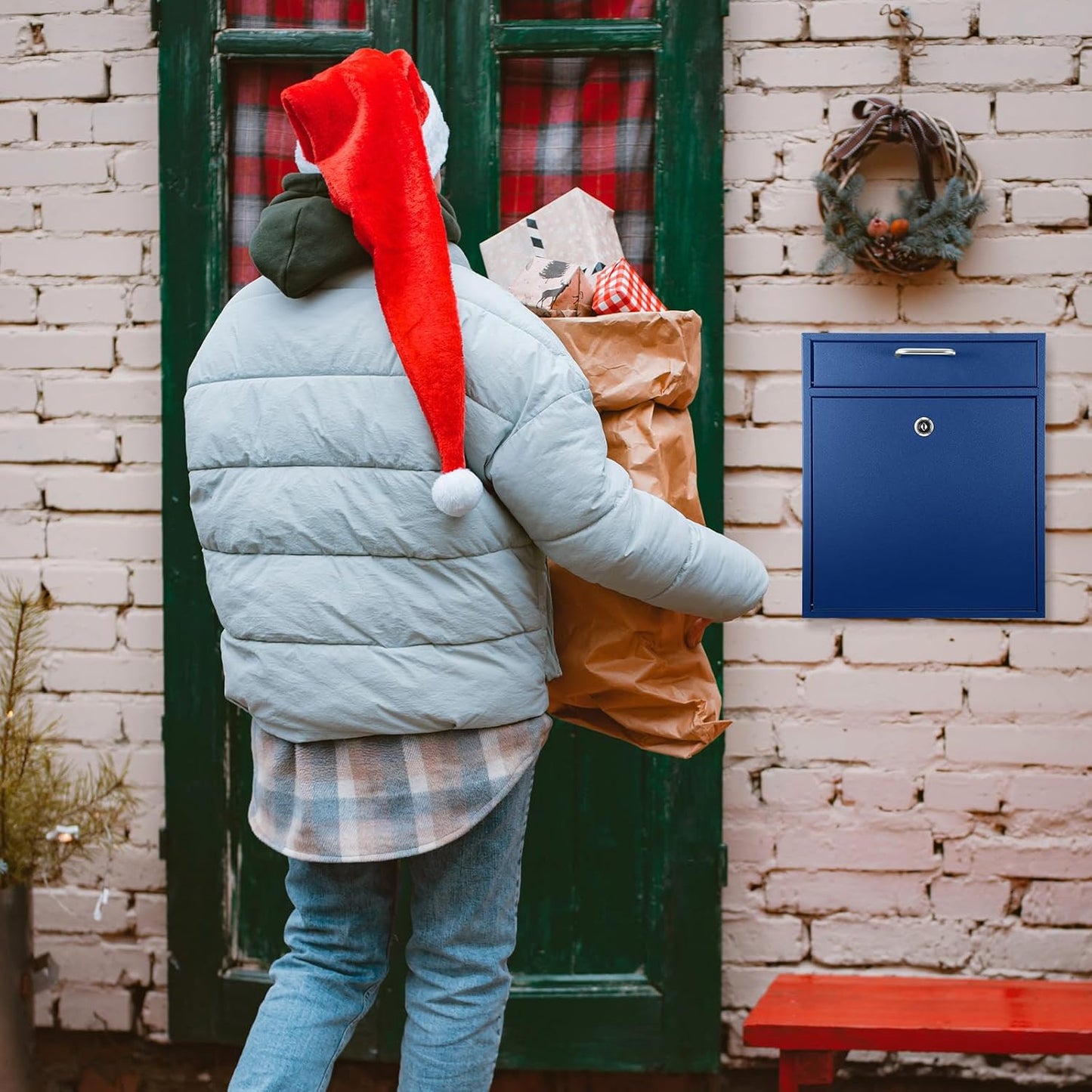 Locking Mailbox with Key for Outdoor 12 x 10.5 x 4.7 Inches Large Wall Mount Mail Box with Lock Security Mail Drop Metal Collection Boxes Hanging Secure Postbox(Dark Blue)
