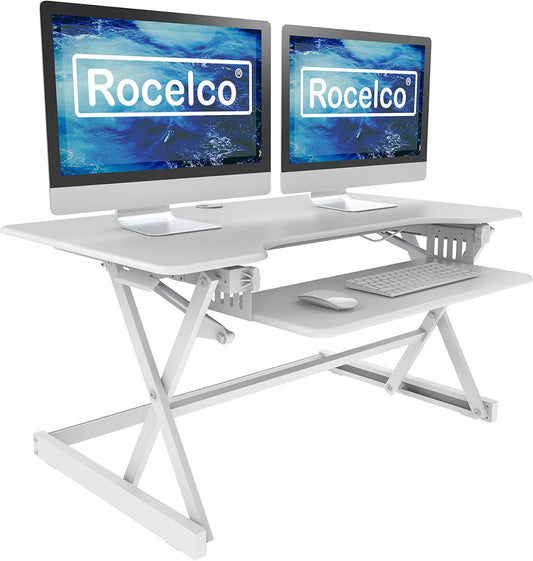 Rocelco 40" Large Height Adjustable Standing Desk Converter - Quick Sit Stand Up Dual Monitor Riser - Gas Spring Assist Computer Workstation - Retractable Keyboard Tray - White (R DADRW-40)