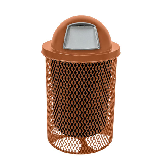 32-Gallon Heavy-Duty Expanded Metal Round Trash Receptacle, Commercial Outdoor Waste Bin with Liner & Black Dome Lid – Made in America (Textured Copper)