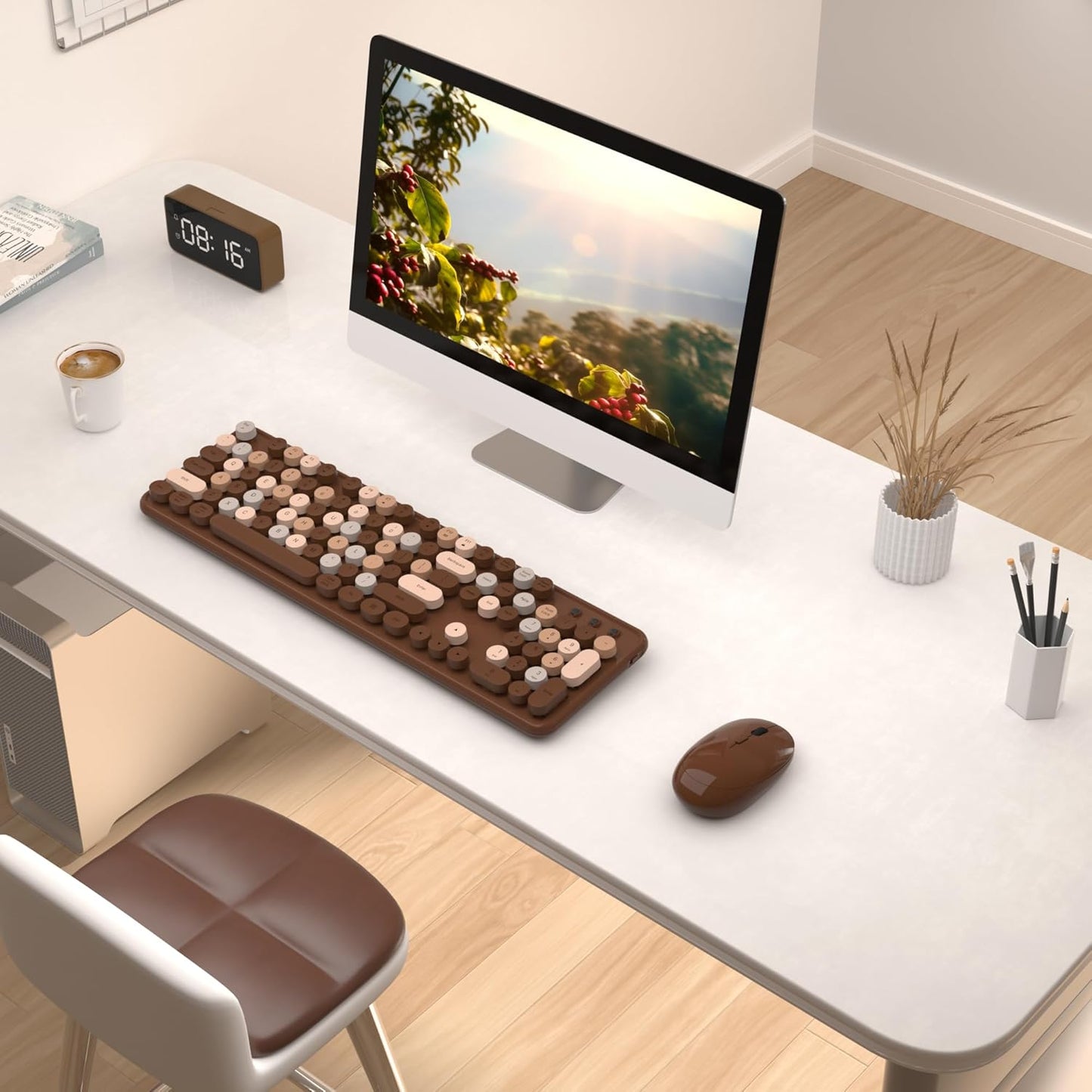 Colorful Wireless Keyboard and Mouse Combo, COVEVA 2.4GHz Wireless Retro Cute Round Keycaps Keyboard, 104 Keys Full-Sized Keyboard Mouse Set with Switch Button for PC Laptop Desktop (Brown Colorful)