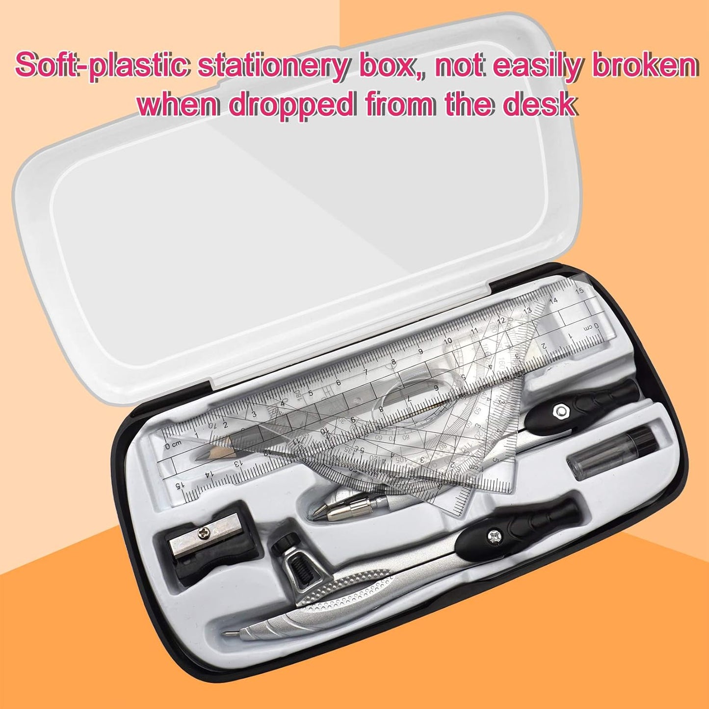 Professional Geometry Compass Set, Starter Compass Set Includes 2 Drafting Compasses, Protractor, 2 Set Squares, Ruler in Storage Box, Back-to-School Math Supplies for Students, Black