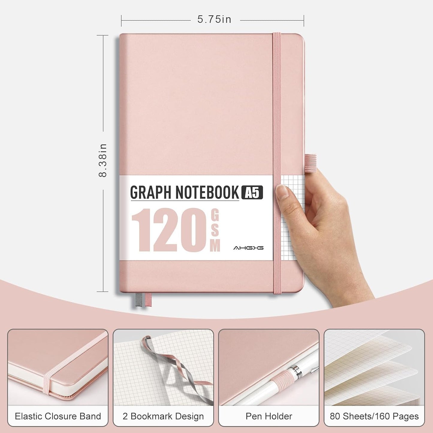 AHGXG Graph Paper Notebook - Grid Notebook Journal A5, 120 GSM Thick Graph Paper, 160 Pages, Leather Hardcover, for Graphing, Writing, Math, Engineering, 5.75'' × 8.38''- Rose Gold