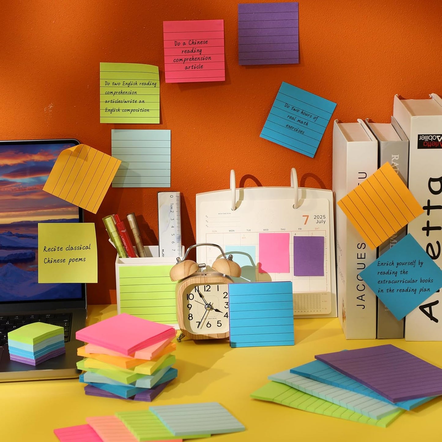 Leinuosen 64 Pack Lined Sticky Notes Self Stick Notes with Lines Bright Assorted Colors Sticky Pad for Home Office Products Post Memos, 2560 Sheets