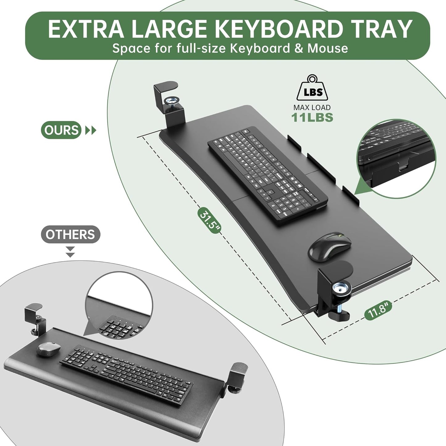 Extra Large Keyboard Tray Under Desk - Slide Out with Sturdy C-Clip Mount System, 31.5" (35.8" Including Clamps) x 11.8" Put-Out Keyboard Tray Computer Drawer for Ergonomic Typing, Black
