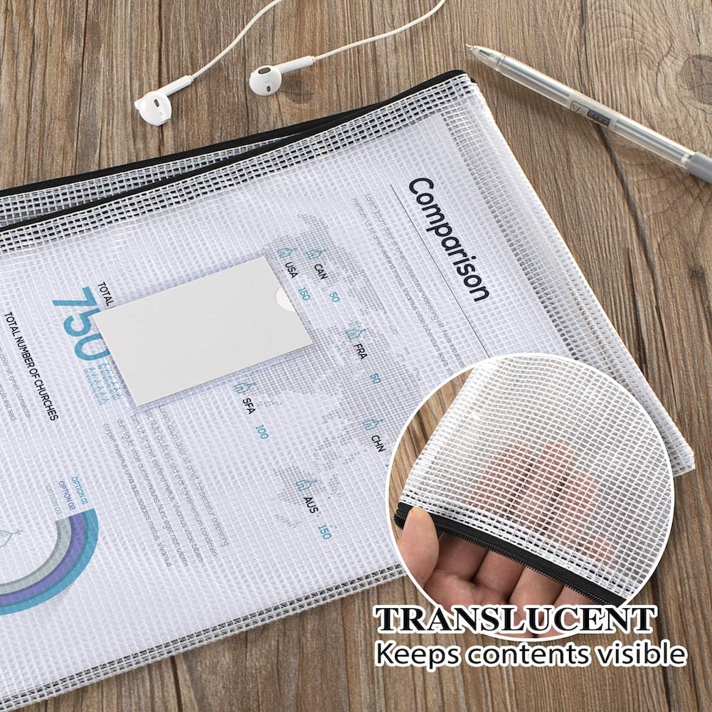 Sooez 20 Pack Mesh Zipper Pouch with Label Pocket, Plastic Zip File Folders, Letter Size A4 Zipper Document Bag for Teacher School Office Supplies, Classroom Organization, Board Game Storage，Black