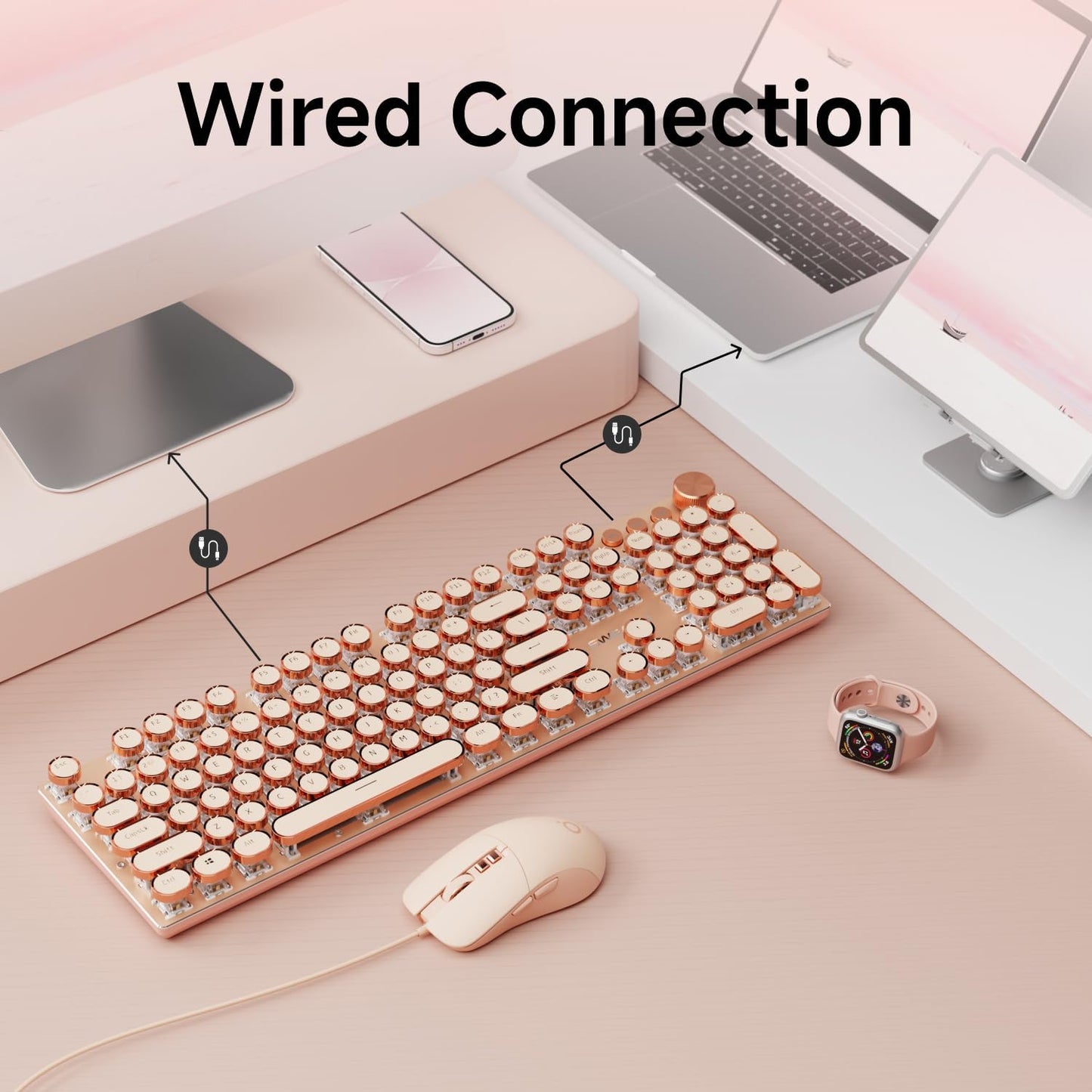 EWEADN Wired Typewriterkeyboard and Mouse Combo, Typewriter Style Mechanical Gaming Keyboard,104 Keys Backlit LED Keyboards, Media Control Knob, Wired Keyboard Pink Switch for Windows/Mac/PC-Pink