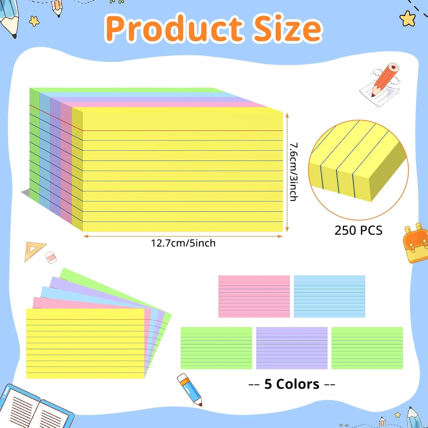 Colored Index Cards 3 X 5, 250 Count, Flash Cards For Studying, Lined Flashcards Notecards, Study Card, Ruled Front And Blank Back, Heavy Note Cards For Office, Home And School