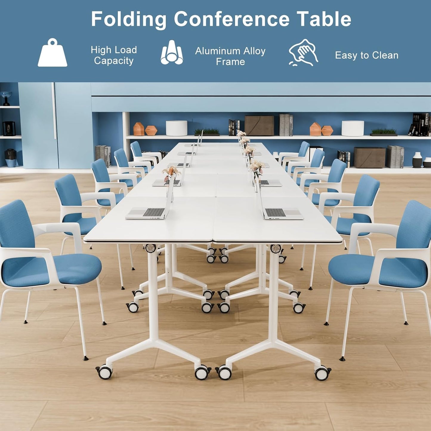 8pack Folding Conference Room Table, Modern Conference Tables with Silent Wheels, Large Rectangular Mobile Training Tables for Office Classroom, Foldable Modular Seminar Table White (L55.1in)