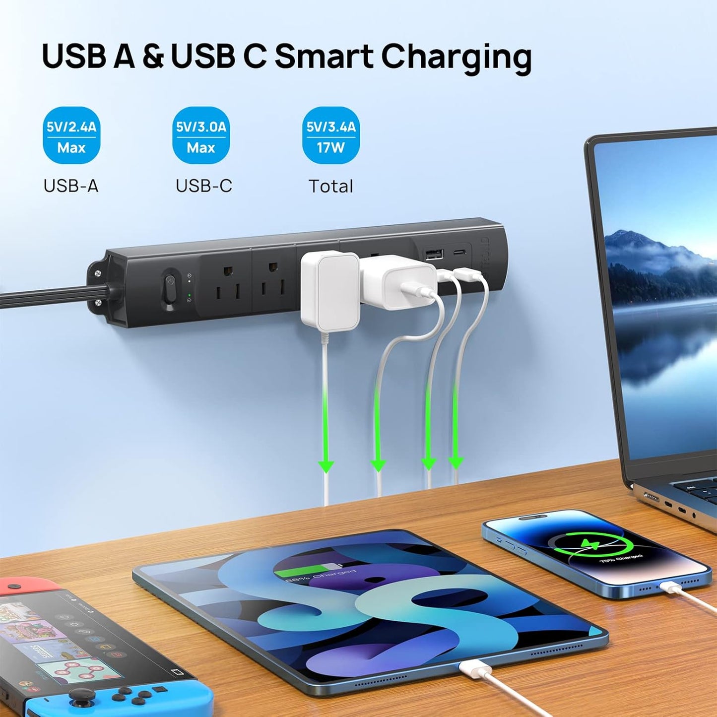 TROND Flat Plug Power Strip USB-5ft Flat Extension Cord Surge Protector Wall Mount, 2 Type C & 2 USB A Ports with Multiple Outlets, 1440J, 1625W for Office Supplies Dorm Room Essentials, Black