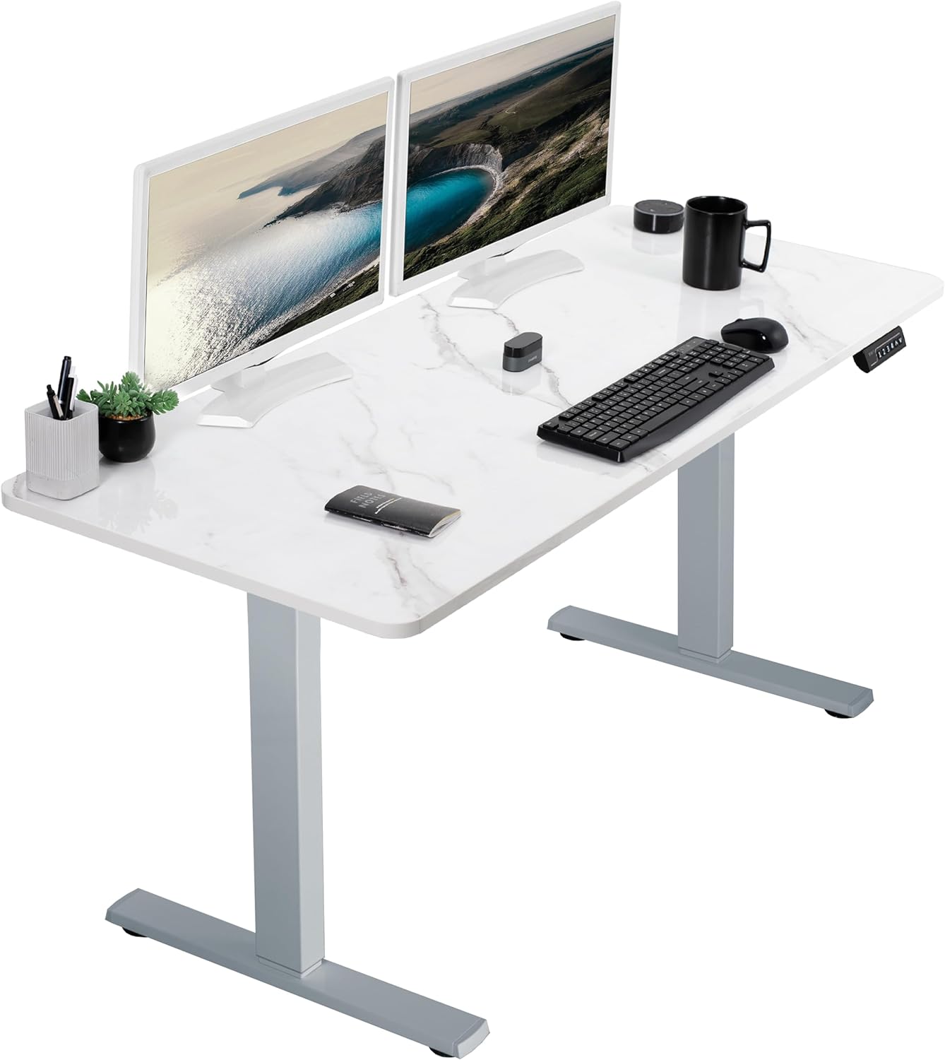 VIVO Electric Dry Erase 60 x 24 in Standing Desk, Memory Height Adjustment, 1B Series, White Marble Pattern Top, Gray Frame, DESK-KIT-1G6WM