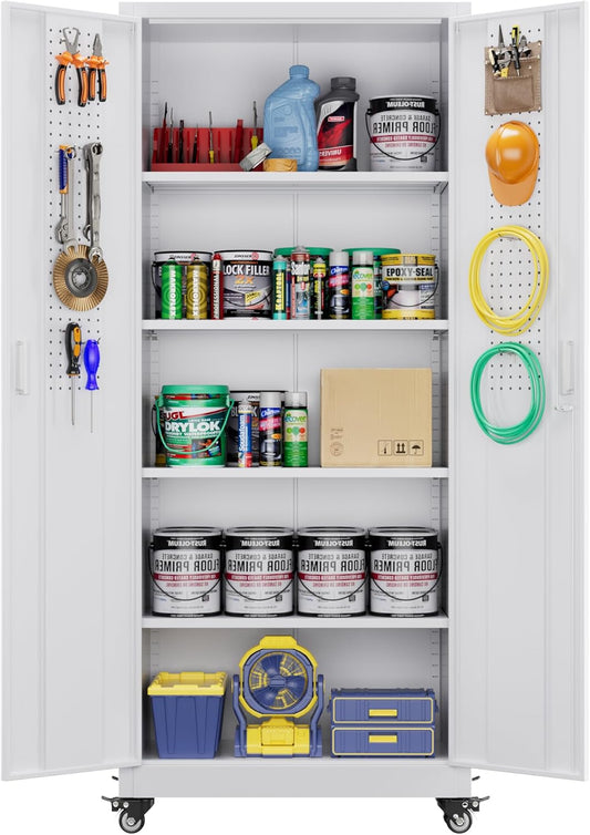 Aobabo 73''H Garage Storage Cabinet with Wheels,Office Storage Cabinet with Lock,Steel Cabinet with 2 Doors and 4 Adjustable Shelves for Garage Office,Required-Assembly White