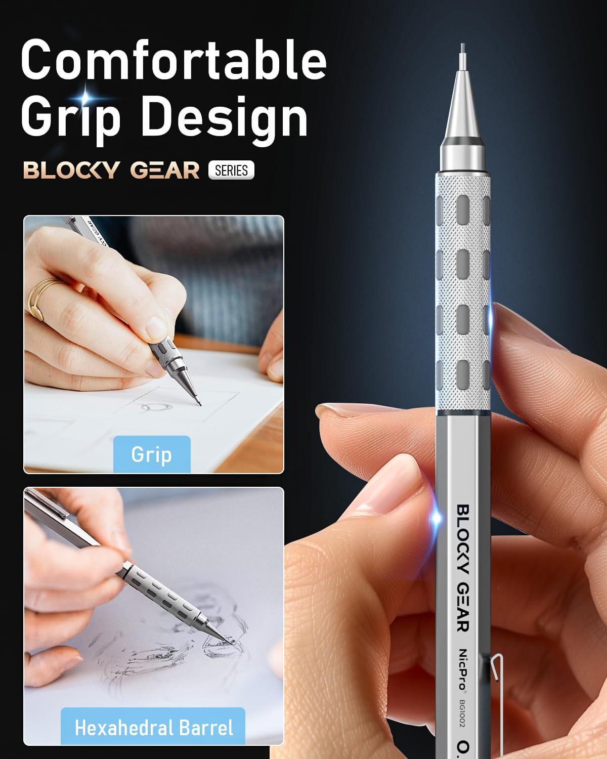 Nicpro Blocky Gear 0.5 mm Mechanical Pencil Set in Case, Metal Pencil with Lead Refills, Eraser for Professional & Adult Art Writing Drafting Drawing