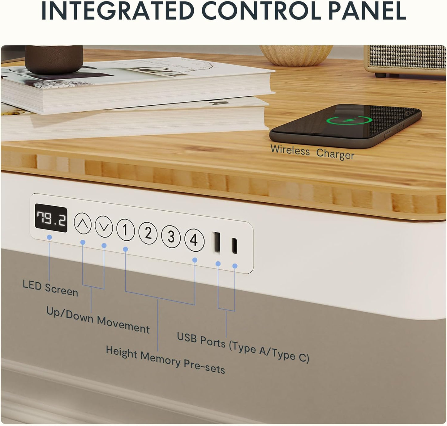 SANODESK Standing Desk with Drawer,Dual Motor 3 Stage Electric Height Adjustable Home Office Desk with Storage & Wireless Charging, 55 inch Bamboo Tabletop/White Frame