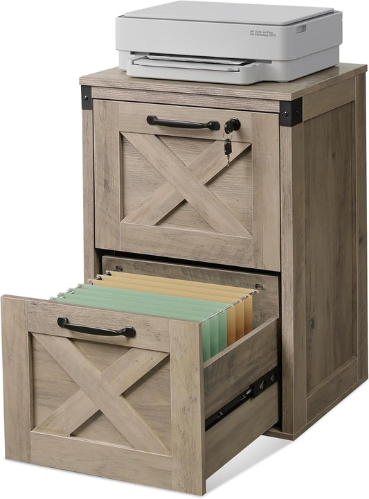 DEVAISE 2 Drawer File Cabinet with Lock, Wood Farmhouse Filing Cabinet for Home Office, Printer Stand Fits Letter and A4 Size, Gray Oak