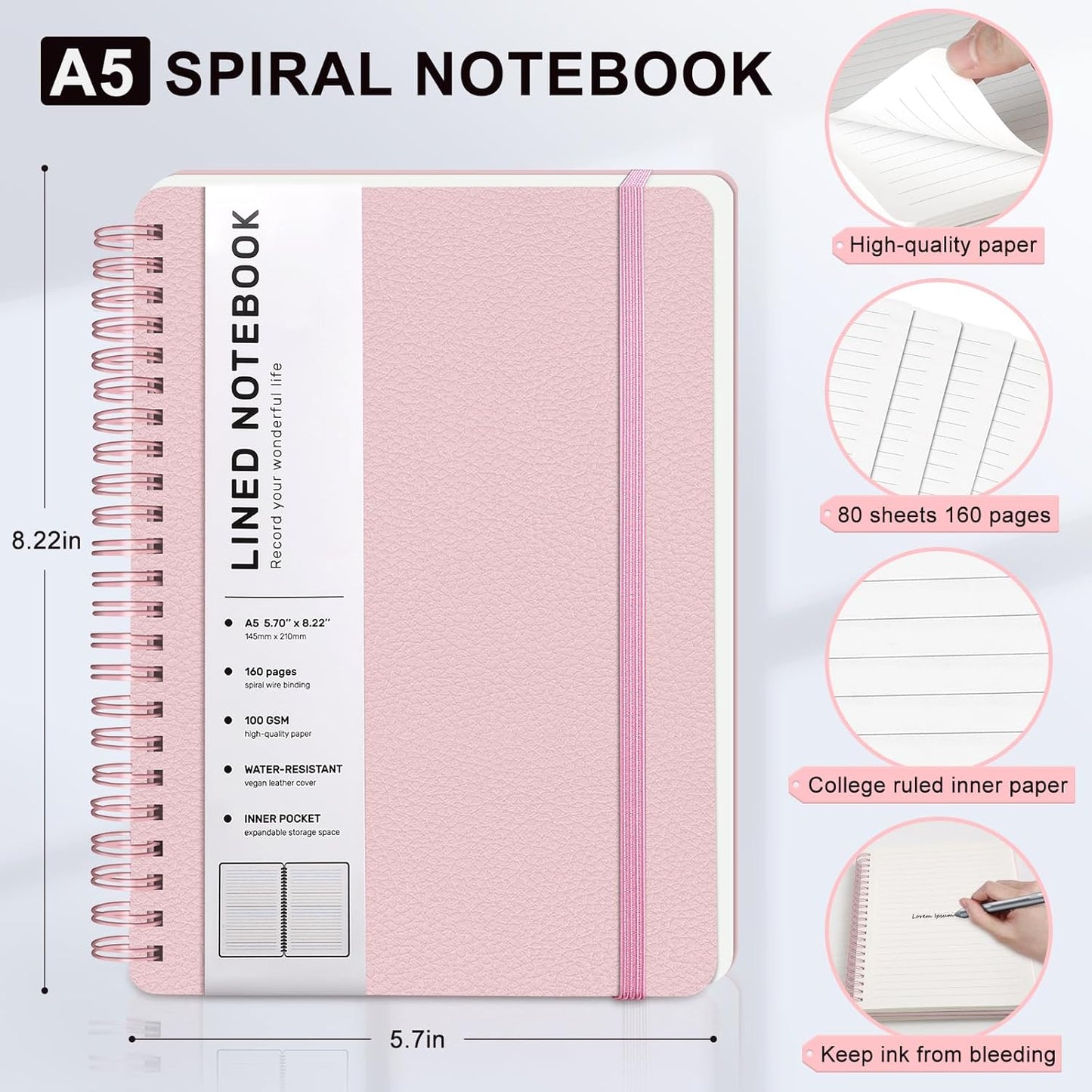 Lined Spiral Journal Notebook, A5 Hardcover Leather Notebook for Work, 5.7''×8.2'', 100GSM Thick Paper Spiral Bound Journaling Notebooks for Women & Men Office School Note Taking Business, Pink