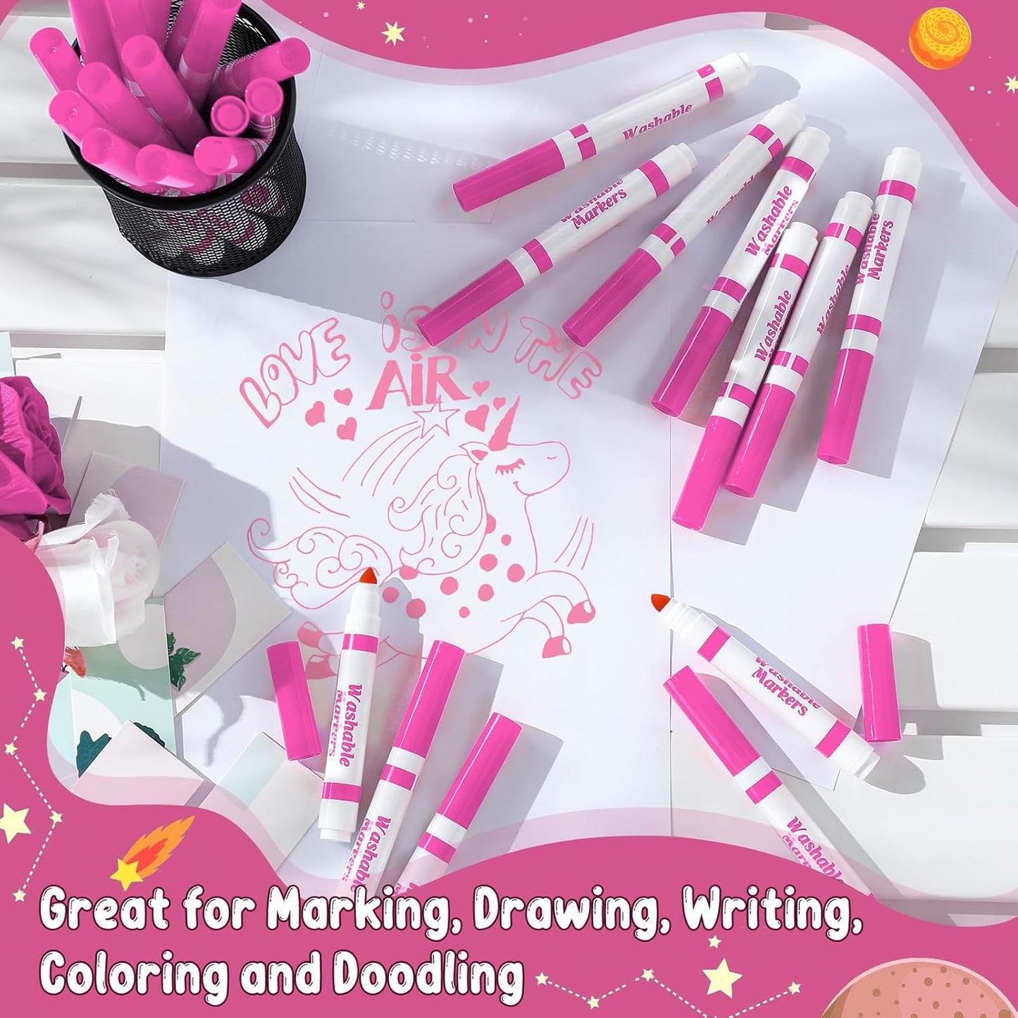 Janlaugh 60 Pcs Pink Washable Markers Bulk Coloring Broad Line Markers for Kids Conical Tip Pink drawing pens for Classroom Back to School travel Art baby shower gender reveal Supplies, Ages 6+