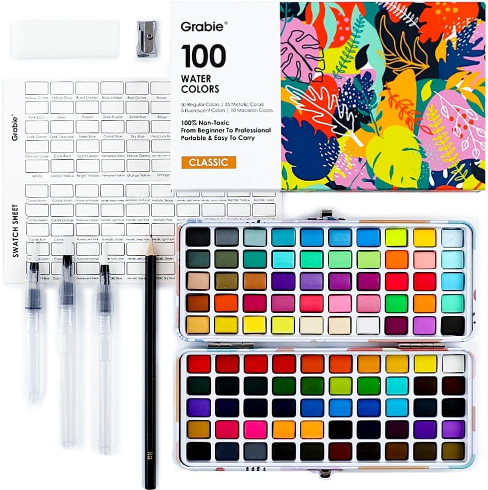 Grabie 100 Colors Watercolor Paint Set - 50 Regular, 35 Metallic, 10 Macaron and 5 Fluorescent Colors - Portable with Carrying Case, Water Brush Pens, and Accessories - For Beginners and Professionals