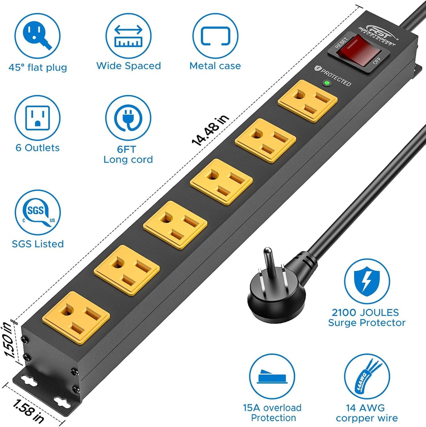 CRST 2Pack 6 Outlet Surge Protector Power Strip 2100J with Switch, 15A/1875W Heavy Duty Mountable Power Strip, Wide Spaced Power Bar for Garage Worshop Home School, 6 FT Cord（ Black+Yellow）
