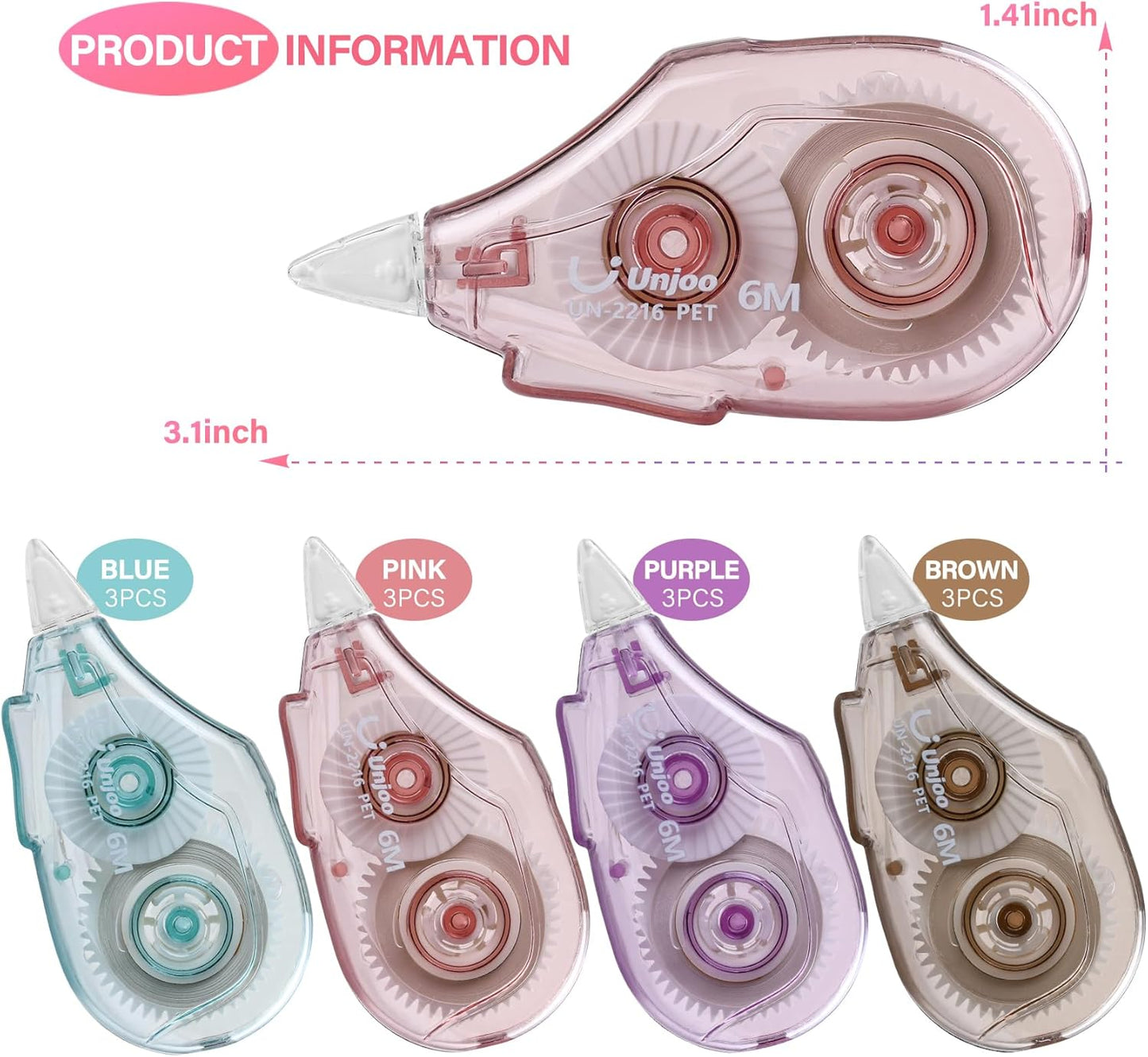 White Correction Tape Dispenser, 12-Count Pack, Easy To Use Applicator, Fast, Clean Tear-Resistant Tape For school Supplies, Office (6M/256, 4 colors, Tape Width 0.2in)