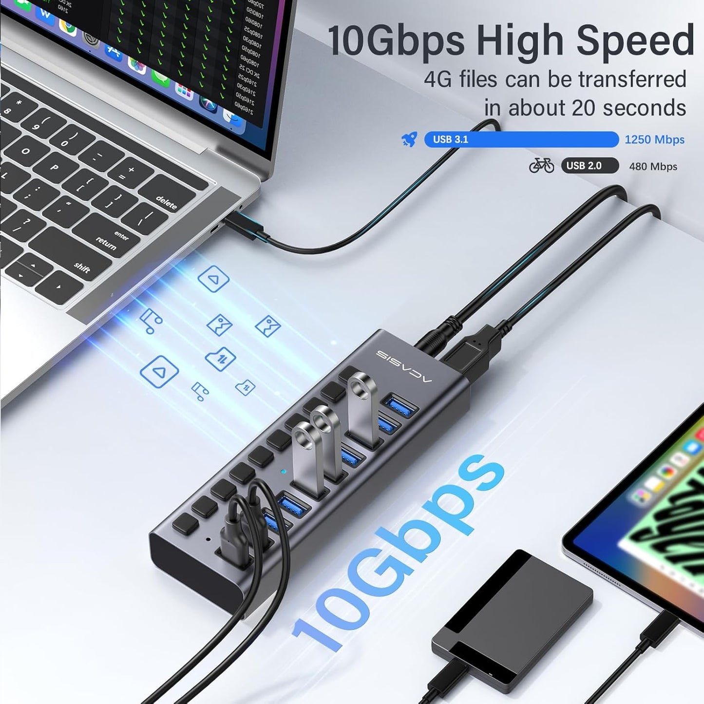 ACASIS Powered USB Hub,10 Ports USB 3.1 Hub with 10Gbps Data Speed, Individual On/Off Switches, 12V4A 48W Power Adapter, USB Hub 3.1 Powered for MacBook, Mac Pro/Mini, Surface Pro Laptop/PC