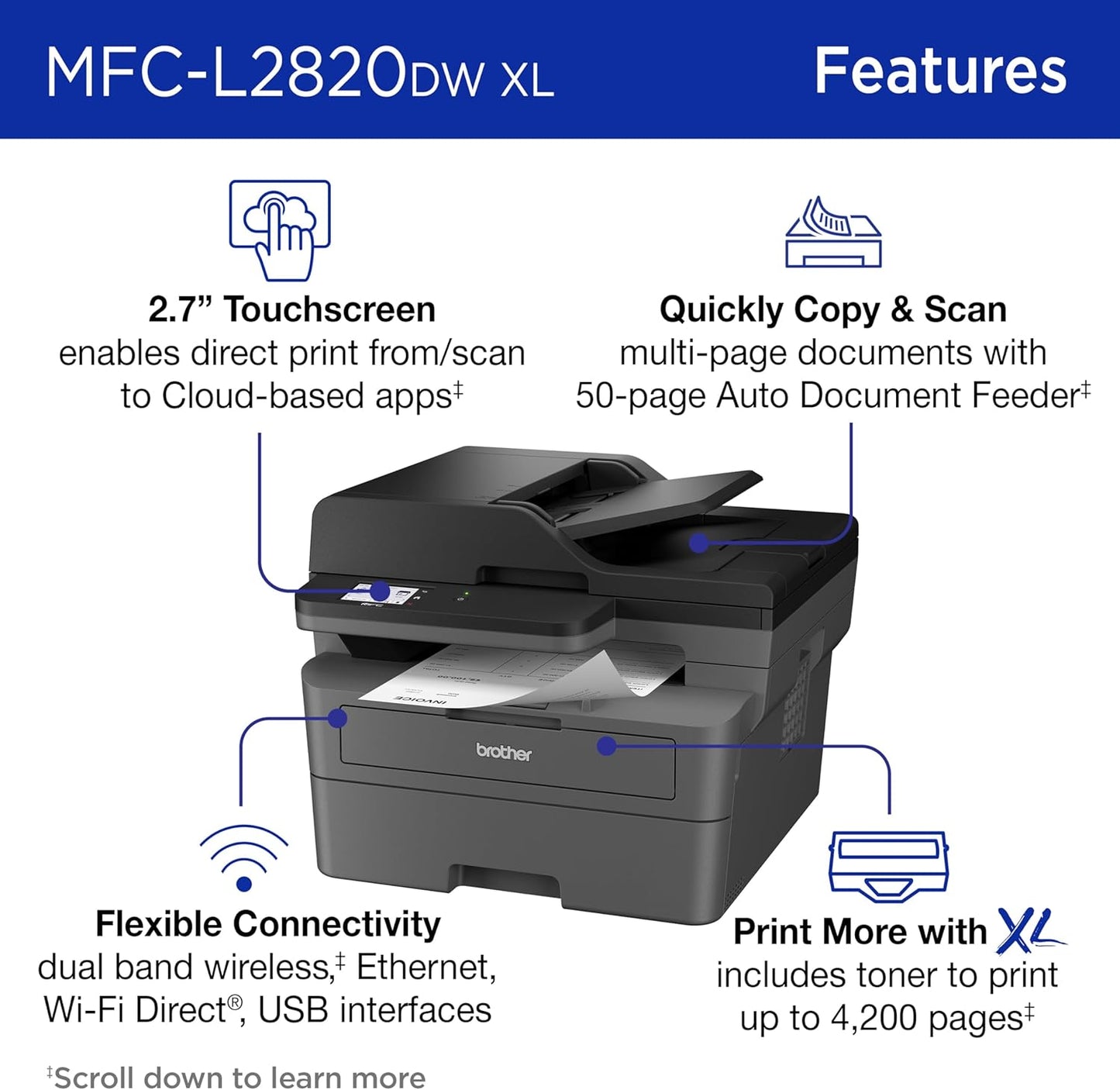 Brother MFC-L2820DW XL Wireless Compact Monochrome All-in-One Laser Printer with Copy, Scan and Fax, Duplex, Black & White | Up to 4,200 Pages of Toner Included(1), Works with Alexa