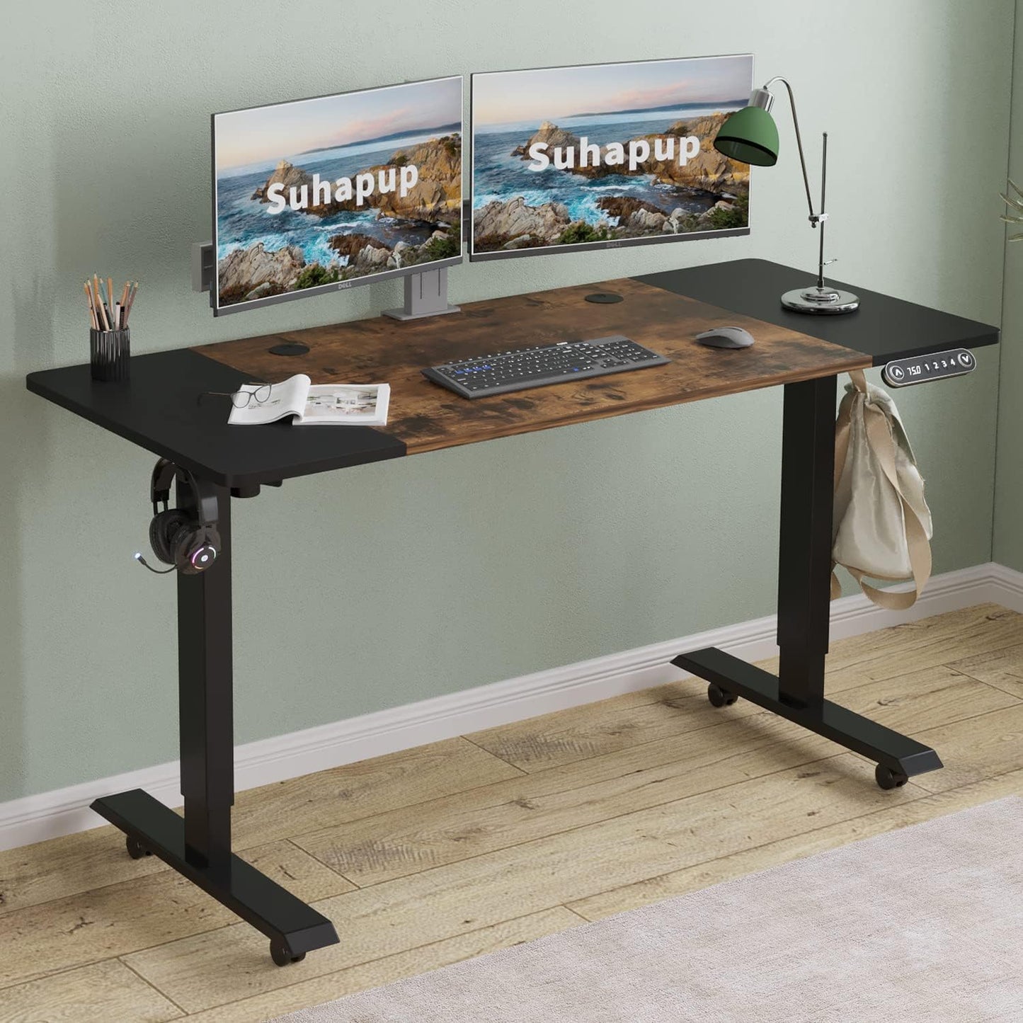 Electric Adjustable Height Standing Desk, 55 x 24 inches Sit - Stand Desk for Work or Home Office 4 Preset Heights Easy to Set， Rustic Brown + Black Splice Board/Black Frame