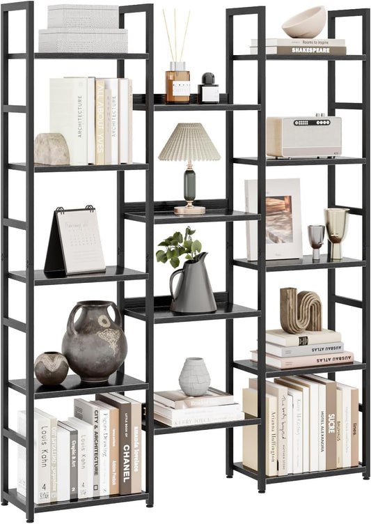 OTK Triple Column 5 Tier Bookshelf, Large Bookcase with 14 Open Display Shelves, Adjustable Industrial Book Shelf with Baffles, Wide Bookshelves for Bedroom, Living Room and Home Office, Black