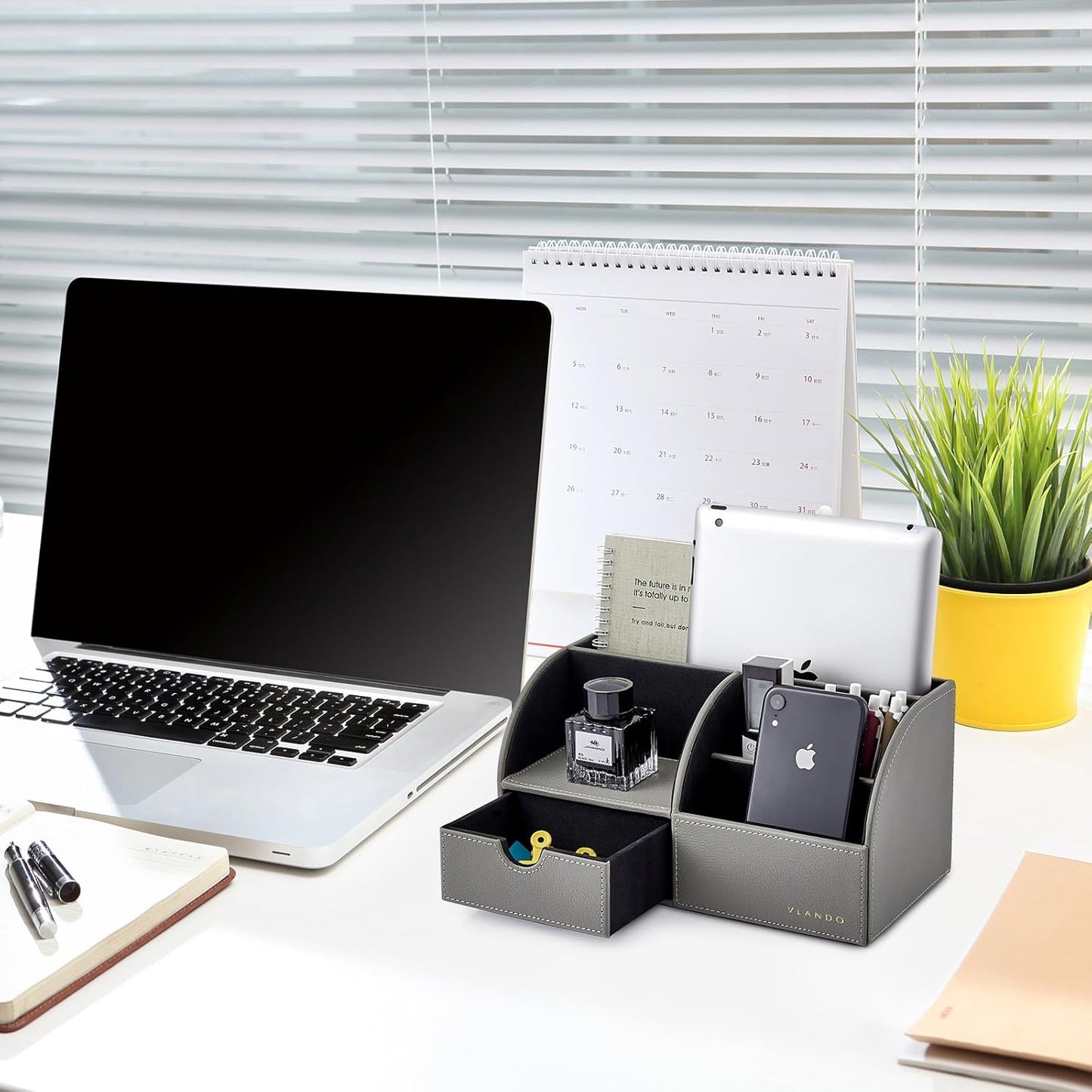 Vlando Desk Organizer with Drawer, Back to School Supplies - 5 Compartment Desktop Storage Holder with Organizer Section for Desk Accessories (Gray)