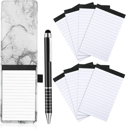 Outus 10 Pcs Pocket Notebook with Pen Set Included Mini Pocket Notepad Holder with 50 Lined Sheets, Metal Pen, 8 Pcs 3 x 5 Inch Memo Book Refills, 30 Lined Paper Per Note Pad (Marble Color)