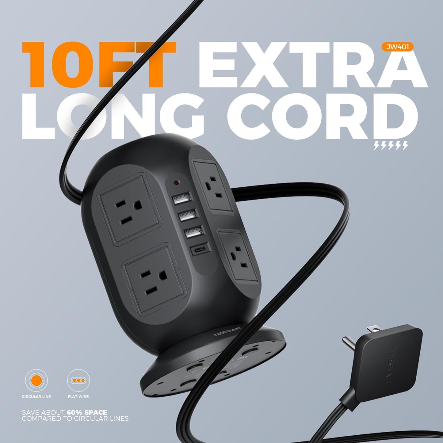 Surge Protector Power Strip Tower, TESSAN 10 ft Flat Extension Cord with Multiple Outlets, 8 AC Outlets 4 USB Ports (1 USB C), Charging Station with Surge Protection for Home Office Dorm, Black