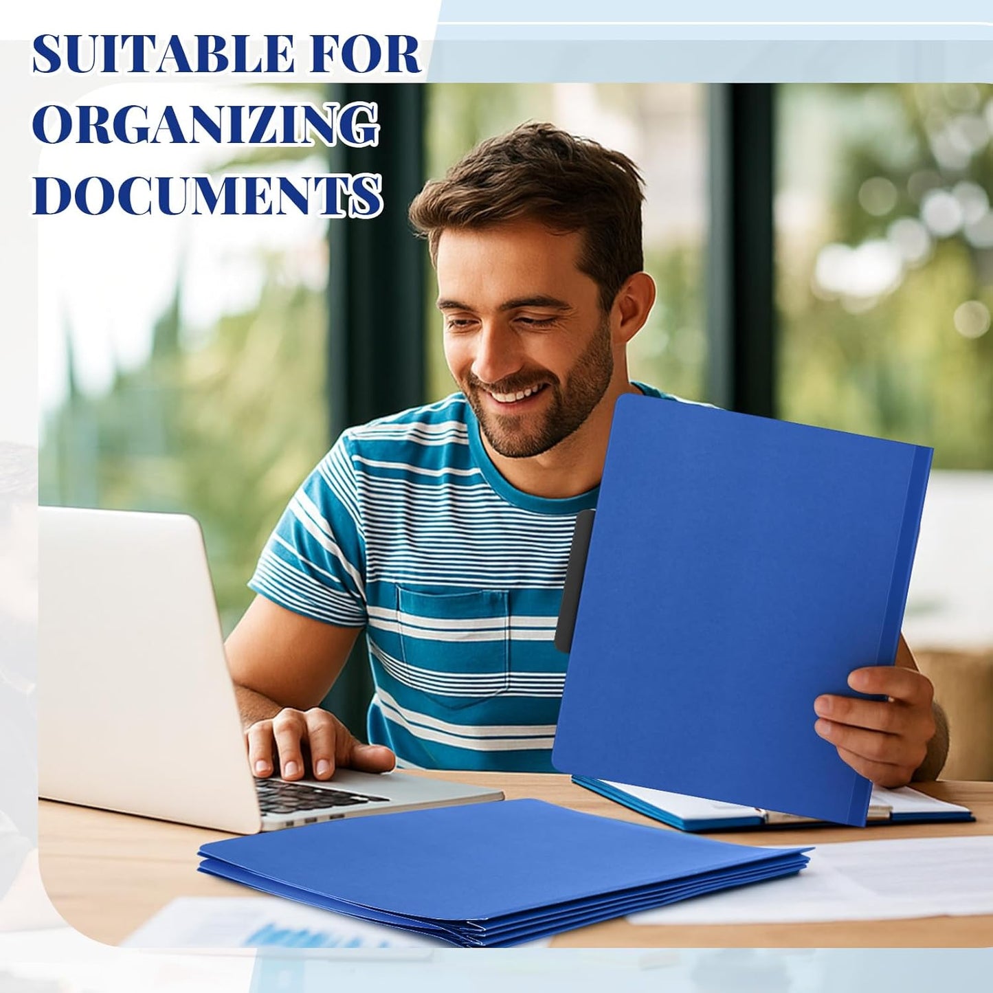 Henoyso 12 Pcs Classification Folders with Prongs, 2 Dividers, 1/3-cut Flat Tab, 3 Inch Expansion, 60 Stickers, Letter Size Blue File Folder with Fasteners for Medical Law Files Office Reports