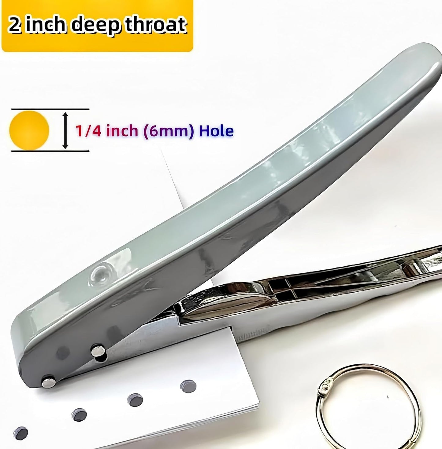 1 Pack 1/4 inch (6mm) Single Hole Punch Heavy Duty Round Hole Paper Puncher 2 Inch Reach Deep Throat Hand Held Long Hole Punch for Paper ID Cards PVC Tags Plastic Cardboard, Grey