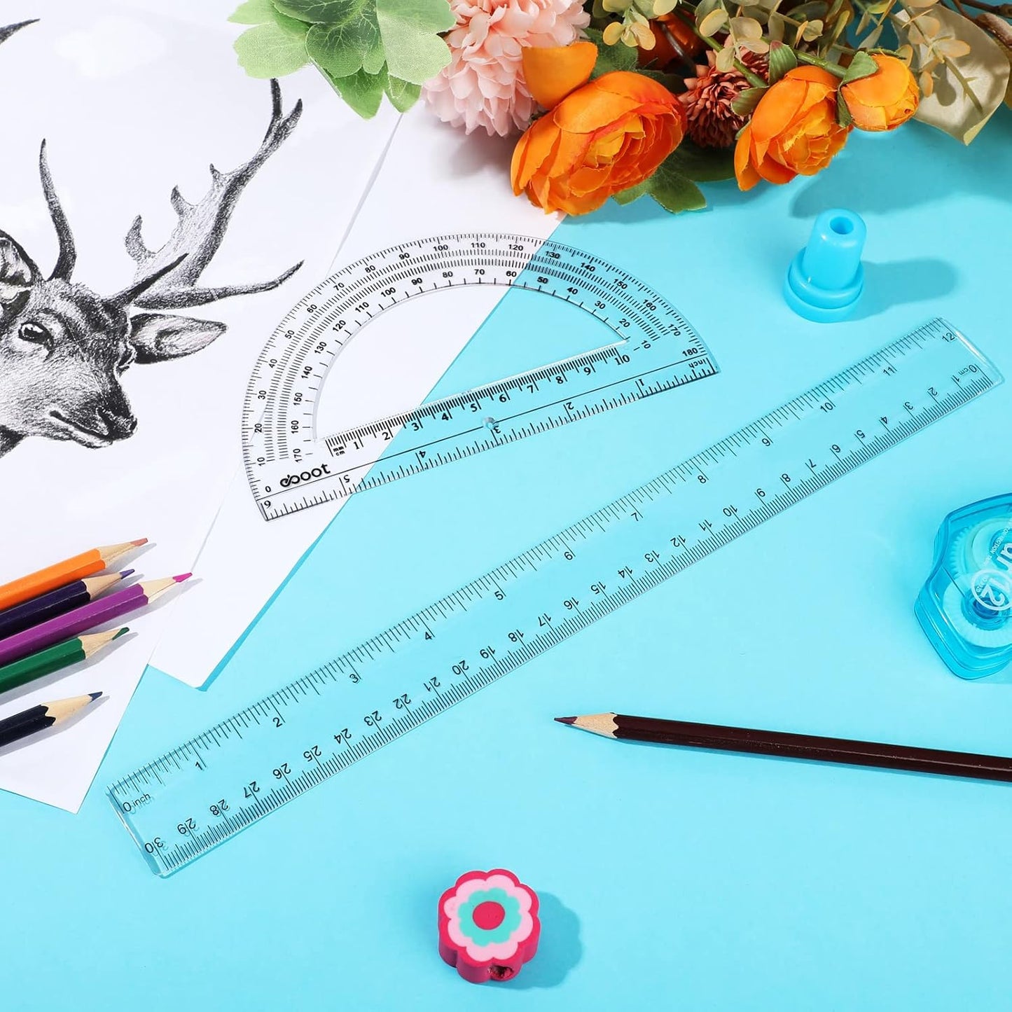 Zonon 2 Pack 12'' Plastic Ruler and 6'' Plastic Protractor Set Clear Ruler Protractor Set Math Geometry Supplies for School Classroom Home Office Drawing(Clear)