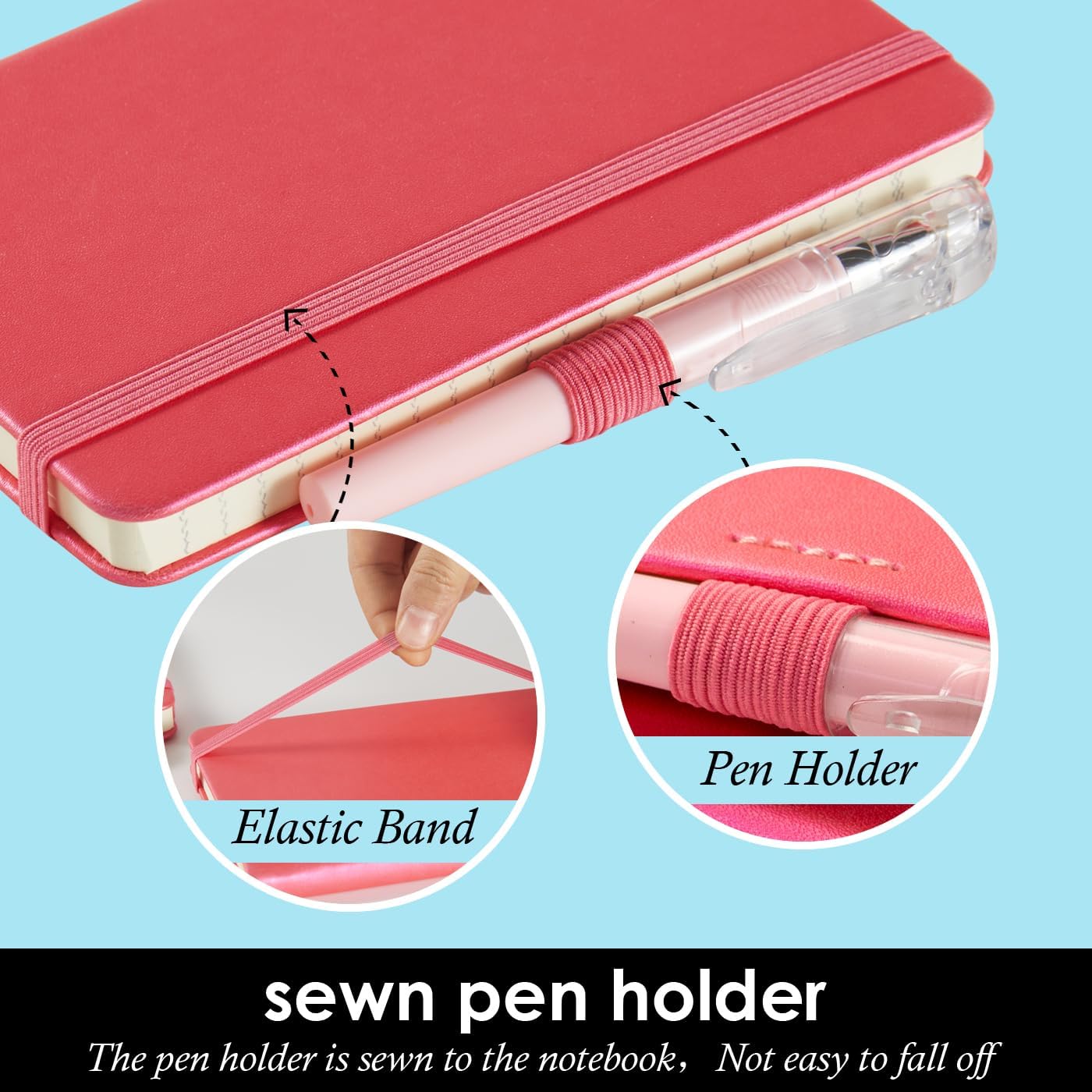 3 Pack Small Journal Notebook with Pen, Mini Pocket Leather Notepad Notebook 3.7" x 5.7" with 408 Pages, Ribbon Bookmark, Pearlescent Pink