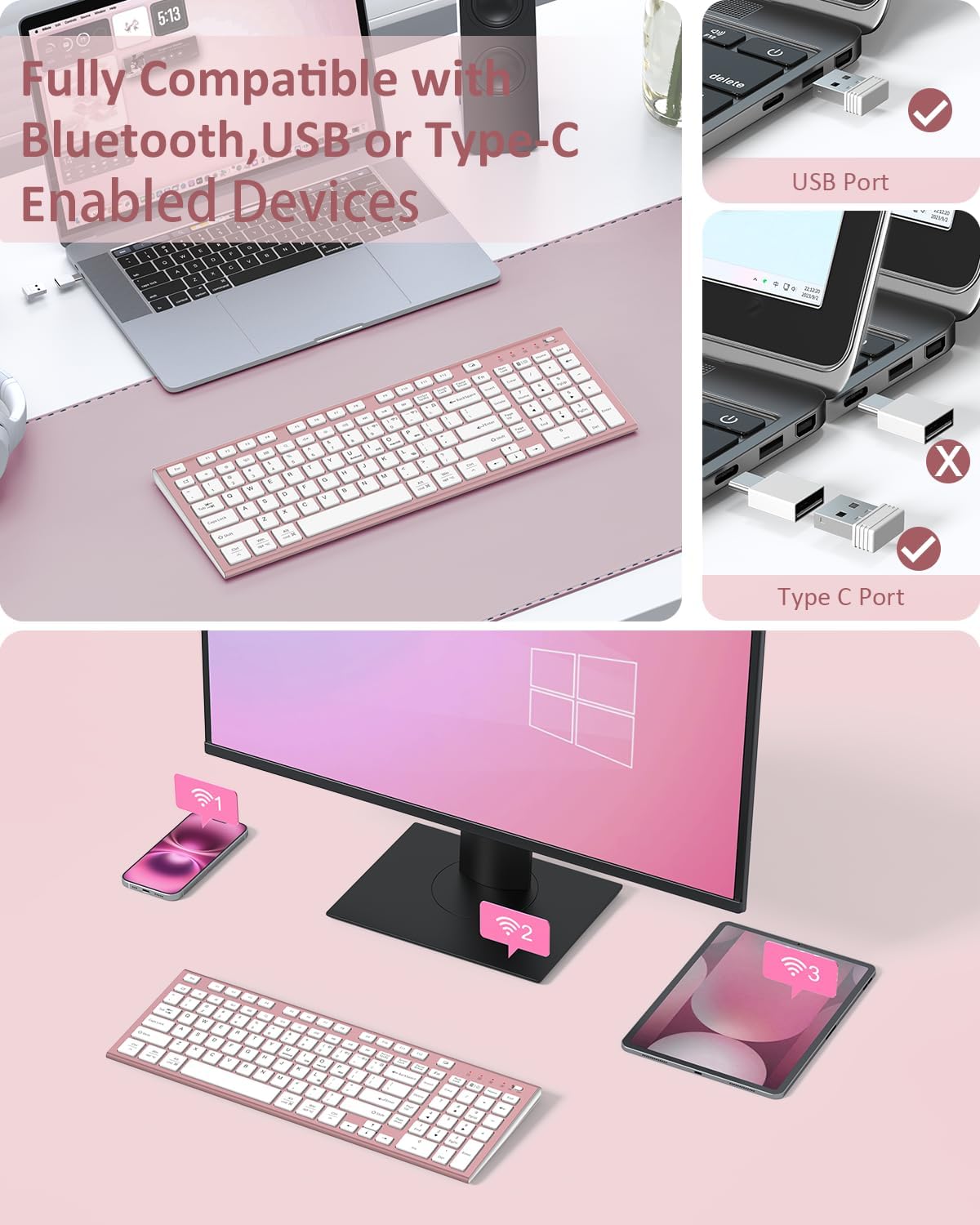 FENIFOX Wireless Keyboard, Bluetooth + USB Ergonomic Silent Quiet Rechargeable with Number Pad Cute Compact Full Size Multi Device Keyboards for iPad Tablet Mac Computer Surface PC MacBook Laptop Pink