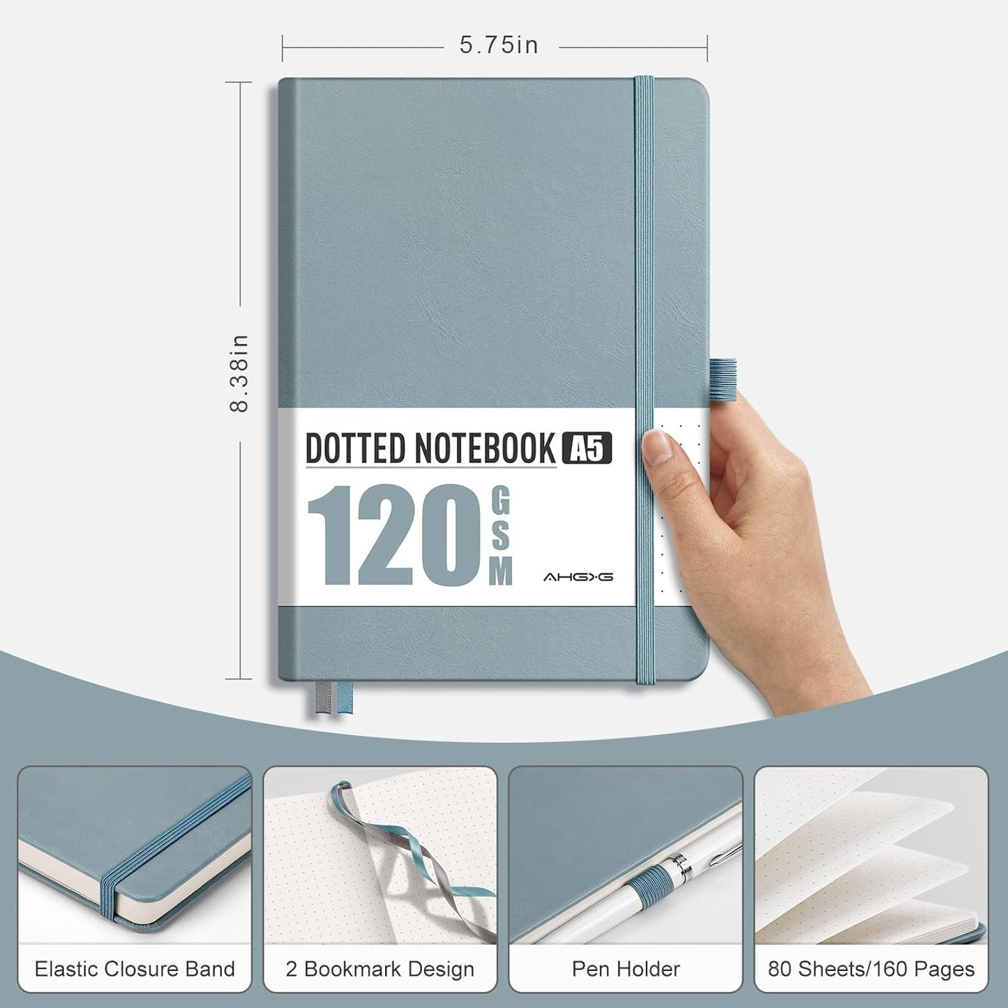 AHGXG Bullet Dotted Journal - Dot Grid Notebook Journal, 120 GSM Thick Acid-Free Paper, A5 Dotted Notebook 160 Pages, Leather Hardcover, Inner Pocket, Journal Stencil, 5.7'' × 8.3'' - Gray Blue