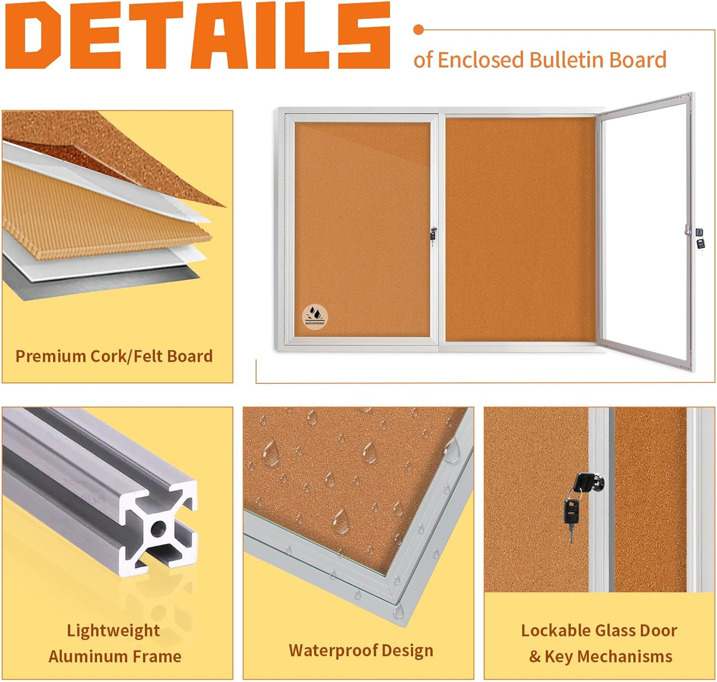 Lockable Outdoor Enclosed Bulletin Board, Weatherproof Cork Noticeboard with Locking Door, Wall-Mounted Aluminum Framed Display Case for Messages,36x24in (5xA4) (Silver Frame & Cork, 44x32 in)