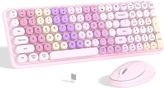 Colorful Wireless Keyboard Mouse Combo, Gradient Rainbow Colors 100 Keys and 2.4GHz Optical Mouse Connection for Windows, Mac, Laptop, PC, Desktop (Pink Colorful)