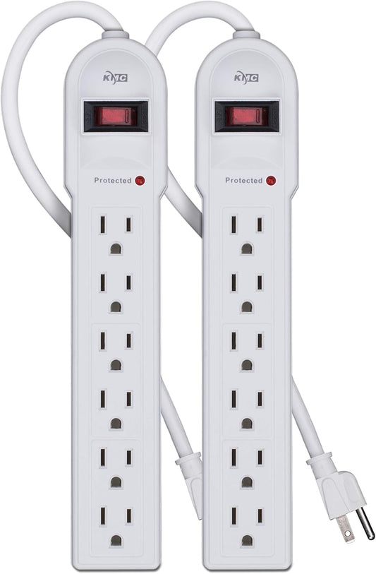 KMC 6-Outlet Surge Protector Power Strip 2-Pack, Overload Protection, 4-Foot Cord, 900 Joule - White