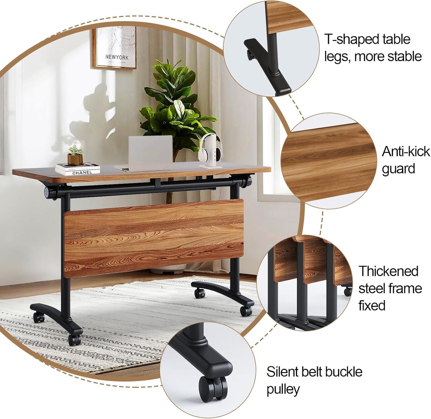 Conference Room Table with Flip-Top Design for Dynamic Meetings, Business Table Computer Desk with Heavy-Duty Frame,Foldable Seminar Meeting Tables for Home Office (4, C, 55.1IN)
