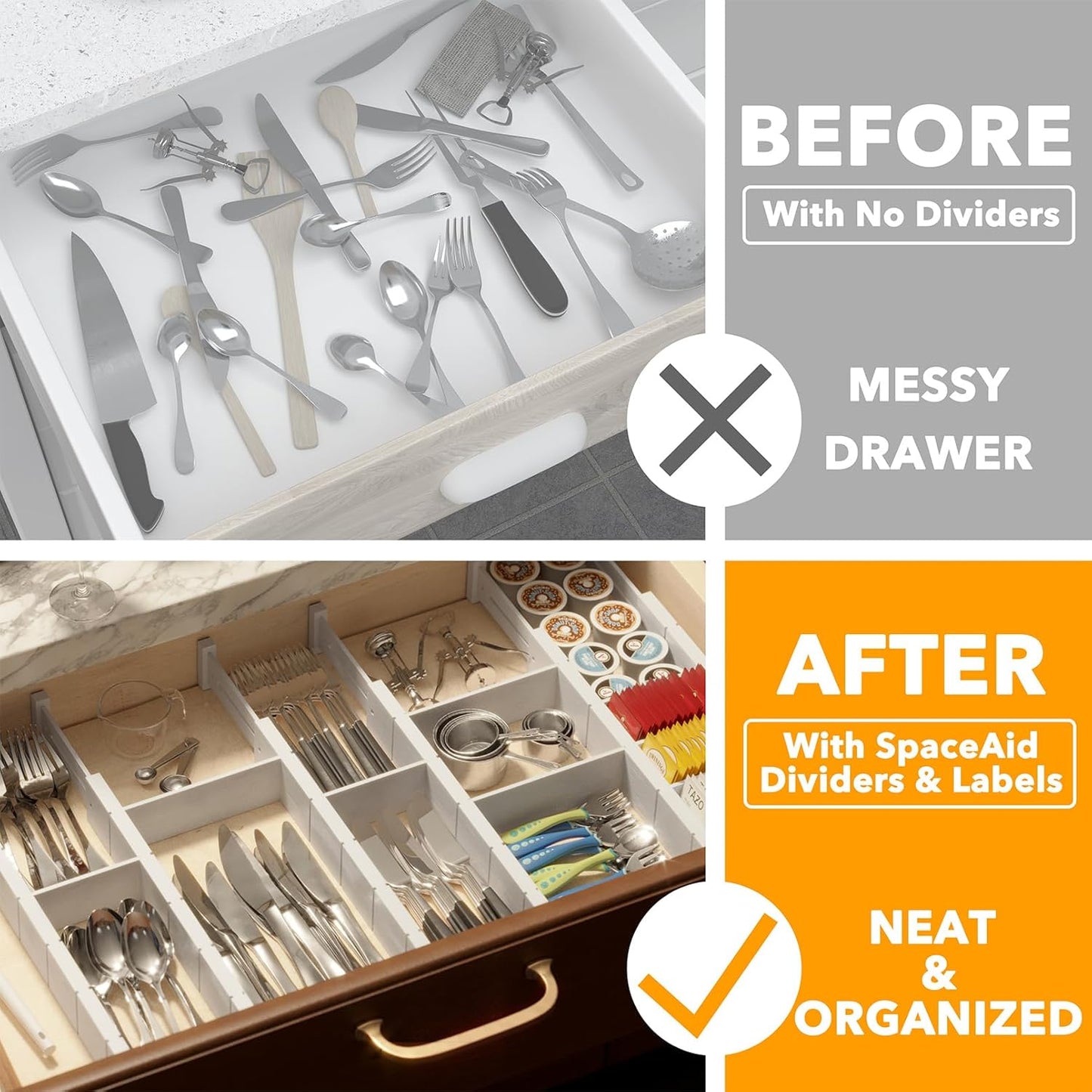 SpaceAid Bamboo Drawer Dividers with Inserts and Labels, Kitchen Adjustable Drawer Organizers, Expandable Organization for Home, Office, Dressers, 7 Dividers with 15 Inserts (17"-22" White)