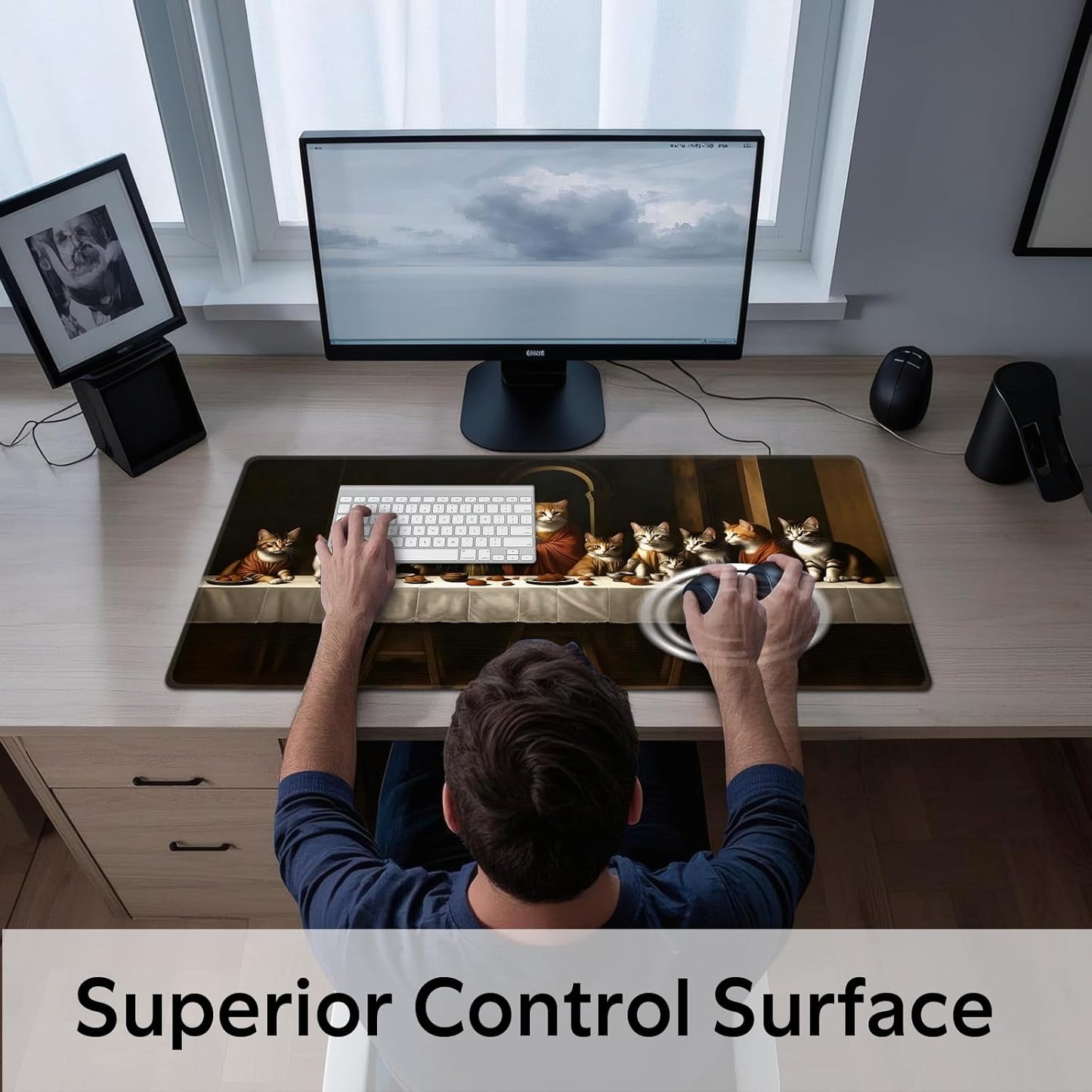 Artistic Cat Last Supper Mouse Pad, Adorable Cats in Religious Scenario Mousepad - Large Non-Slip Desk Mat for Office, PC, Laptop - 35.5"x15.7" x 3mm