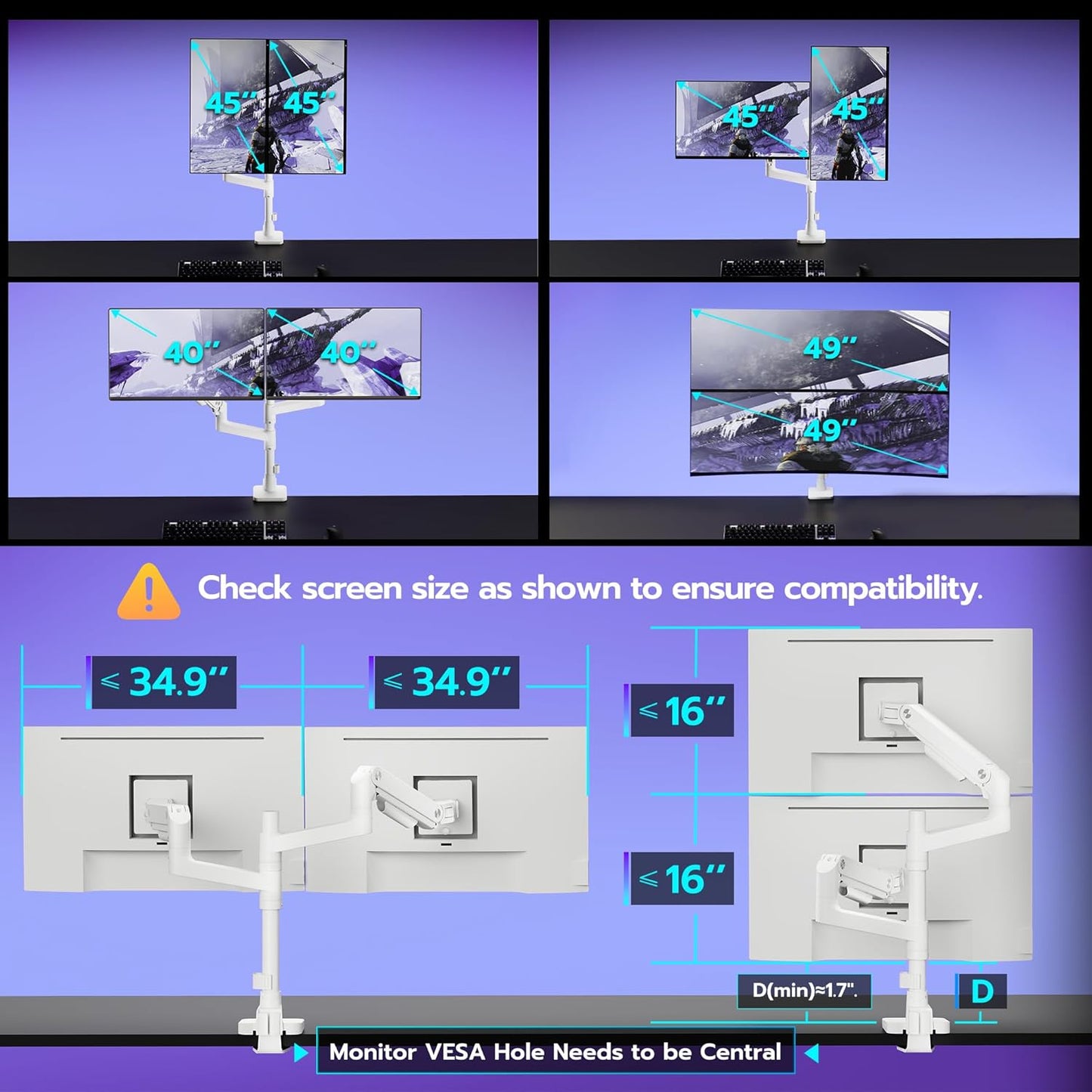 ARES WING Dual Monitor Arm Desk Mount for 17-49 Inch Ultrawide Monitors, Heavy Duty Dual Monitor Mount Holds 44 lbs, Full Motion Gas Spring Vertical Stacked Monitor Mount, 75/100 VESA Mount, White