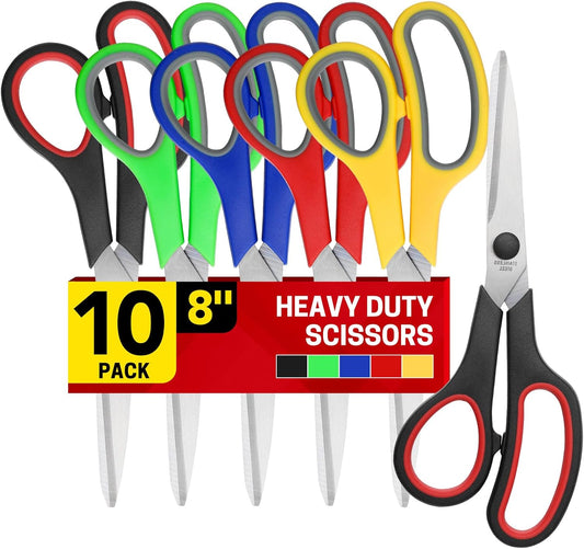 8" 10 Pack All Purpose Heavy Duty Scissors- Comfort-Grip Sharp Scissors for Office School Sewing Fabric Craft High/Middle School Student Teacher Scissor, Right/Left Hand